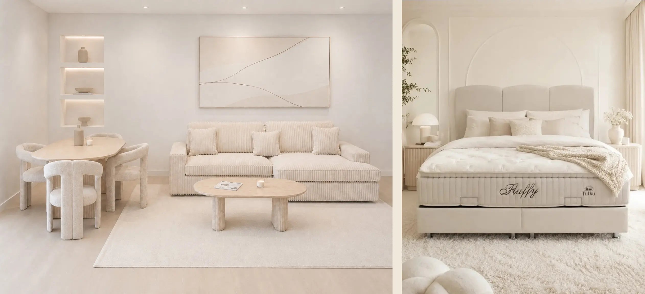 Pack Complet – Canapé Alaïa velours côtelé beige + Table basse Ilia + Table à manger Ilia céramique + 4 chaises Kaya + Lit coffre Songe + Matelas Fluffy 160x200  Rêve de Chic