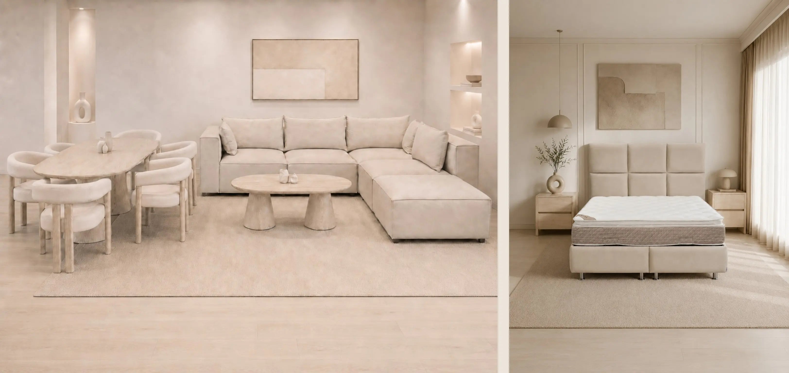 Pack Complet – Canapé Iconic 4+Pouf velours beige + Table basse Yuna + Table à manger Yuna céramique beige + 6 chaises Lizéa + Lit coffre Dune + Matelas Exclusive 160x200  Rêve de Chic
