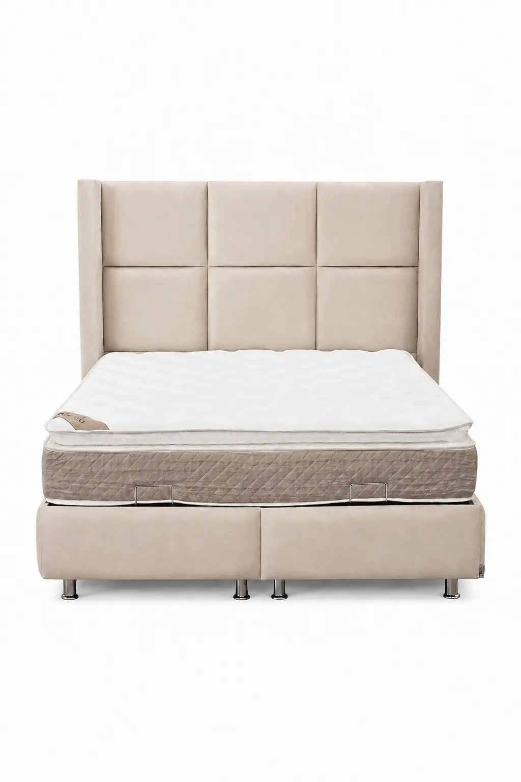 Pack Complet – Canapé Iconic 4+Pouf velours beige + Table basse Yuna + Table à manger Yuna céramique beige + 6 chaises Lizéa + Lit coffre Dune + Matelas Exclusive 160x200  Rêve de Chic