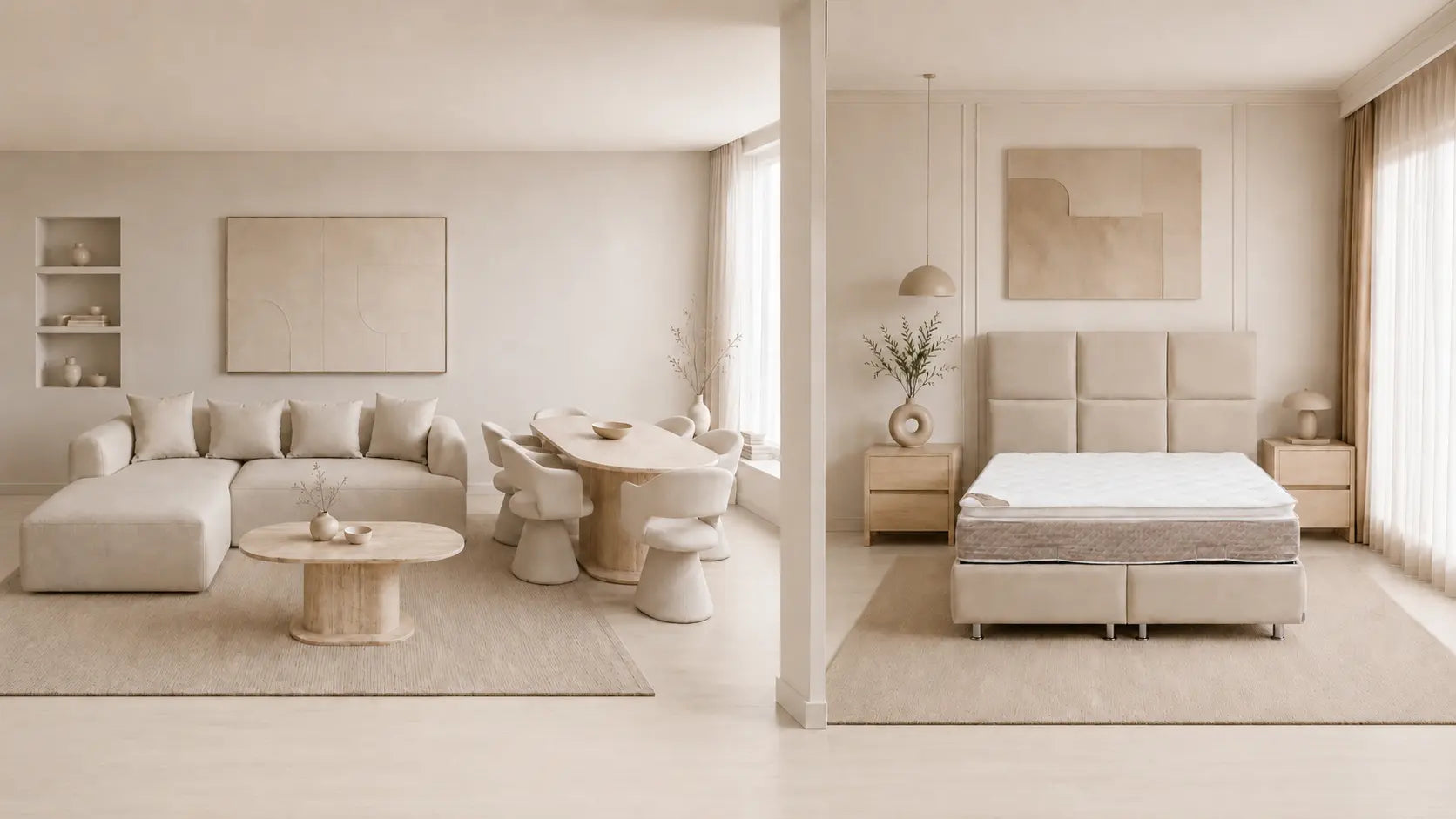 Pack Complet – Canapé Idile velours beige + Table basse Orlane + Table à manger Orlane + 6 chaises Soléa + Lit coffre Dune + Matelas Exclusive 160x200  Rêve de Chic