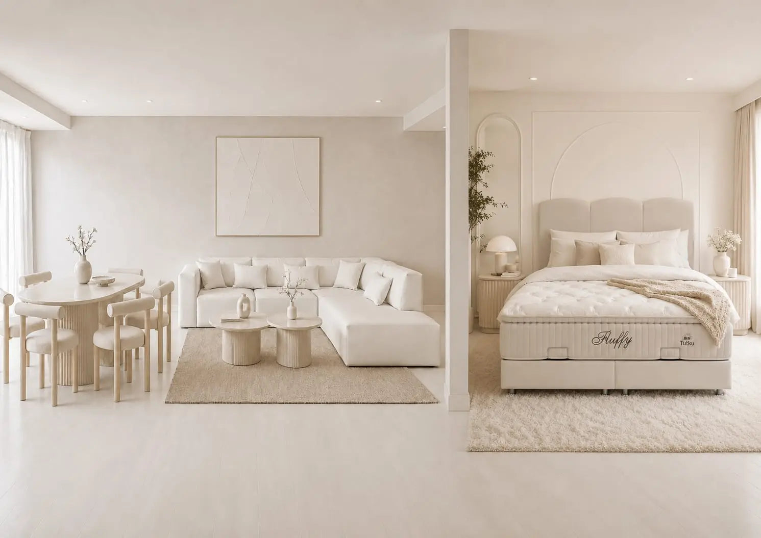 Pack Complet – Canapé Odyssée velours blanc cassé + Tables basses Saris + Table à manger Iris extensible + 6 chaises Soltis + Lit coffre Songe + Matelas Fluffy 160x200  Rêve de Chic