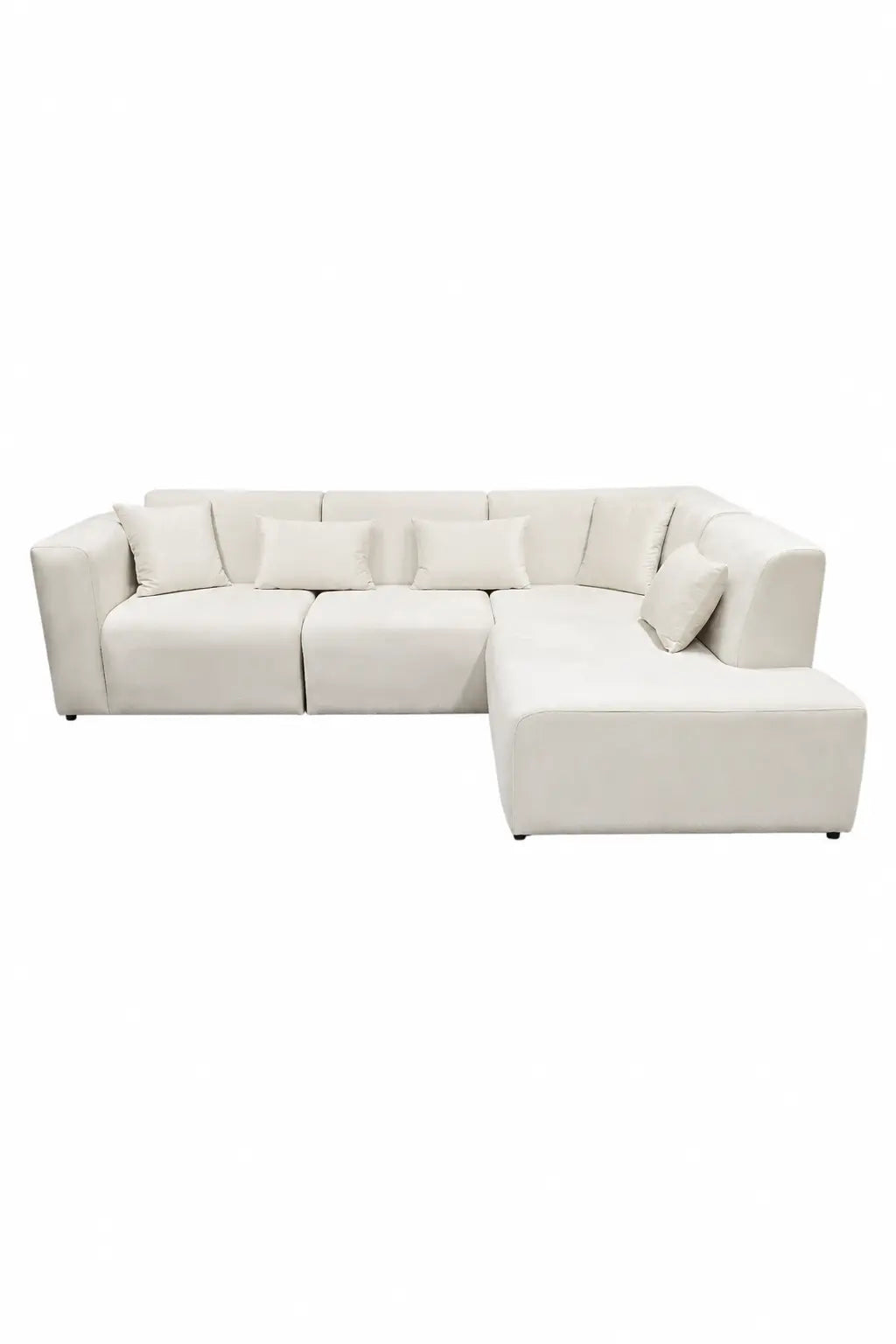 Pack Complet – Canapé Odyssée velours blanc cassé + Tables basses Saris + Table à manger Iris extensible + 6 chaises Soltis + Lit coffre Songe + Matelas Fluffy 160x200  Rêve de Chic