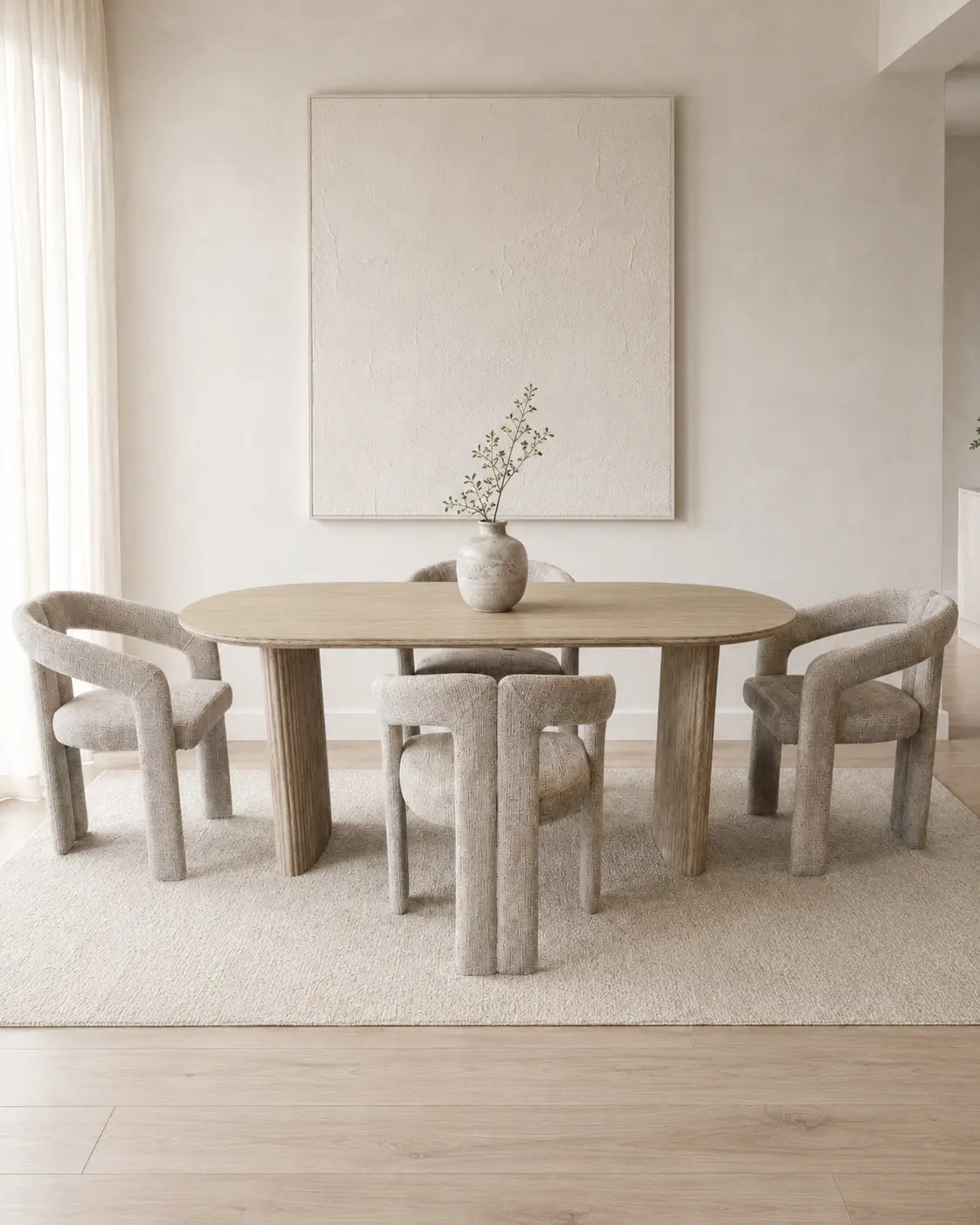 Pack Ilia + Kaya – Table à manger ovale céramique beige effet travertin + 4 chaises tissu chenille beige  Rêve de Chic