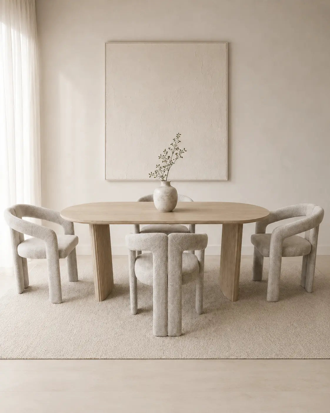 Pack Ilia + Kaya – Table à manger ovale céramique beige effet travertin + 4 chaises tissu chenille beige  Rêve de Chic