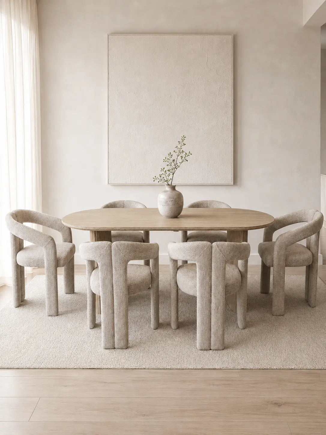Pack Ilia + Kaya – Table à manger ovale céramique beige effet travertin + 6 chaises tissu chenille beige  Rêve de Chic