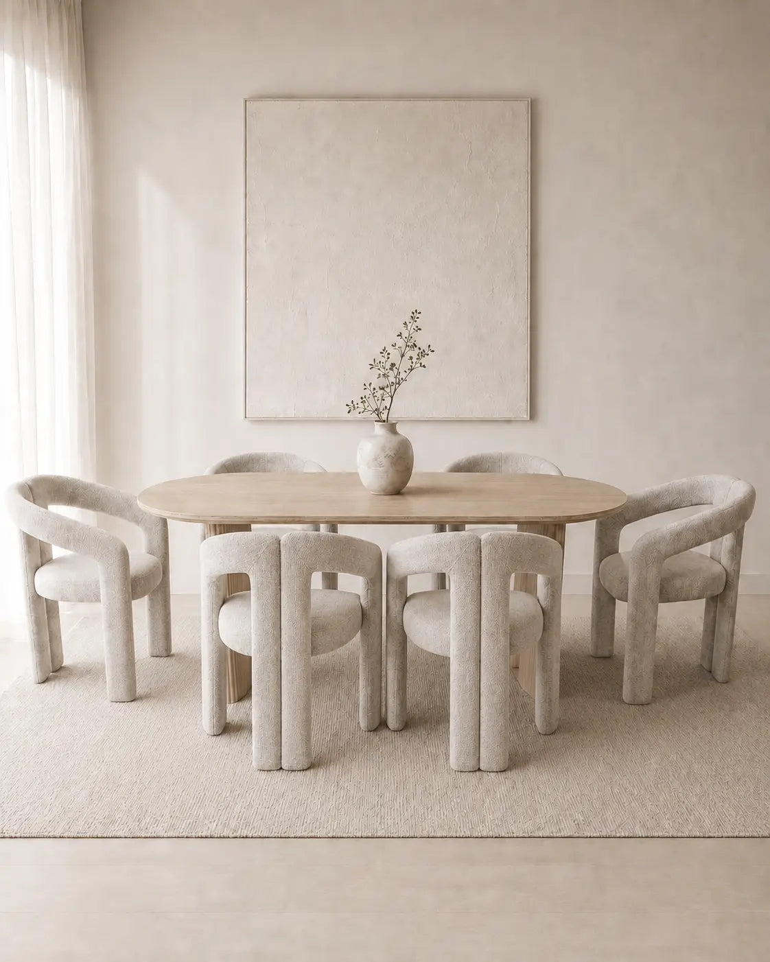 Pack Ilia + Kaya – Table à manger ovale céramique beige effet travertin + 6 chaises tissu chenille beige  Rêve de Chic