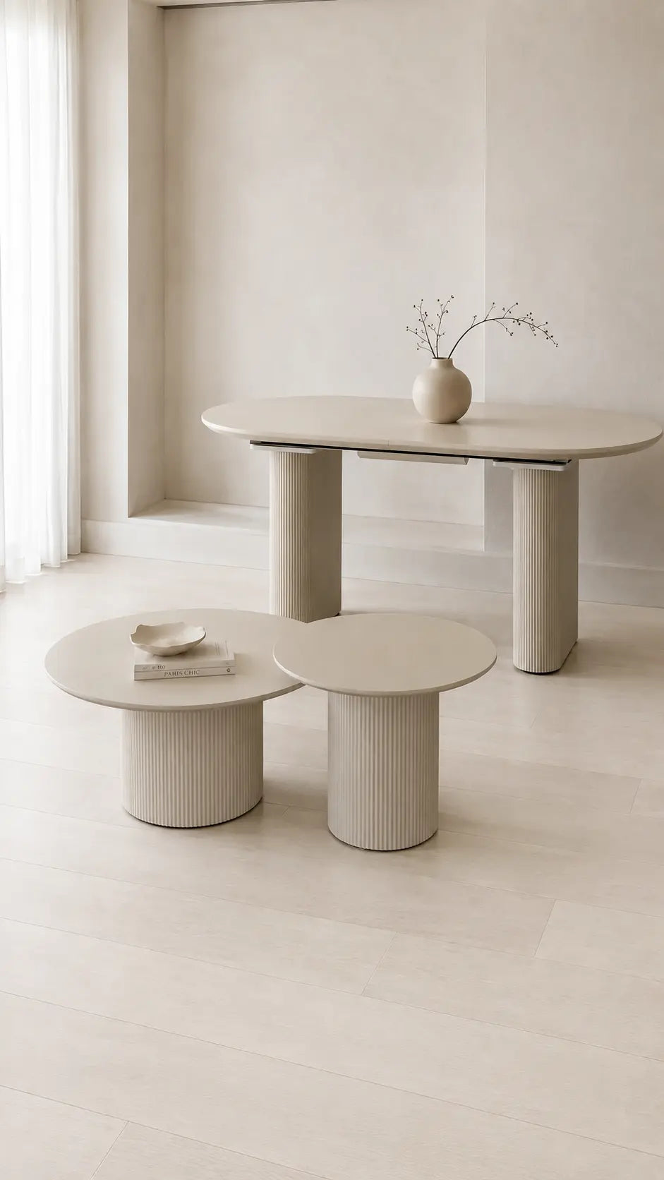 Pack Iris + Saris – Table à manger extensible + Tables basses beige crème  Rêve de Chic