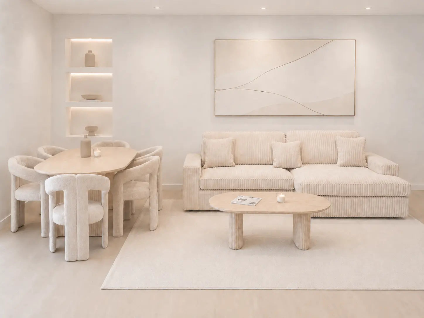 Pack Salon Complet – Canapé Alaïa velours côtelé + Table basse Ilia + Table à manger Ilia céramique beige + 6 chaises Kaya chenille taupe  Rêve de Chic