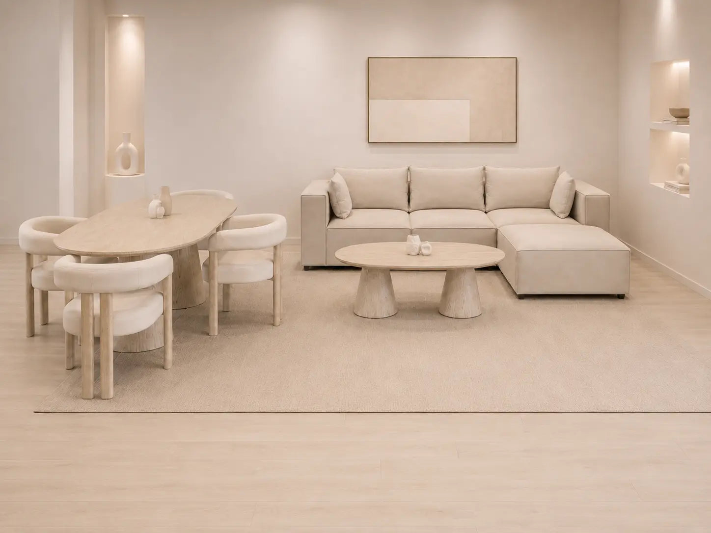 Pack Salon Complet – Canapé Iconic 3+1 velours beige + Table basse Yuna + Table à manger Yuna céramique beige + 4 chaises Lizéa velours beige  Rêve de Chic