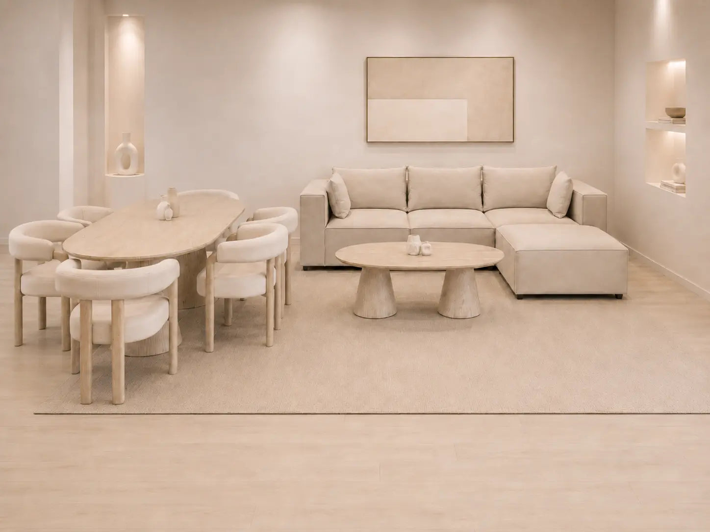 Pack Salon Complet – Canapé Iconic 3+1 velours beige + Table basse Yuna + Table à manger Yuna céramique beige + 6 chaises Lizéa velours beige  Rêve de Chic