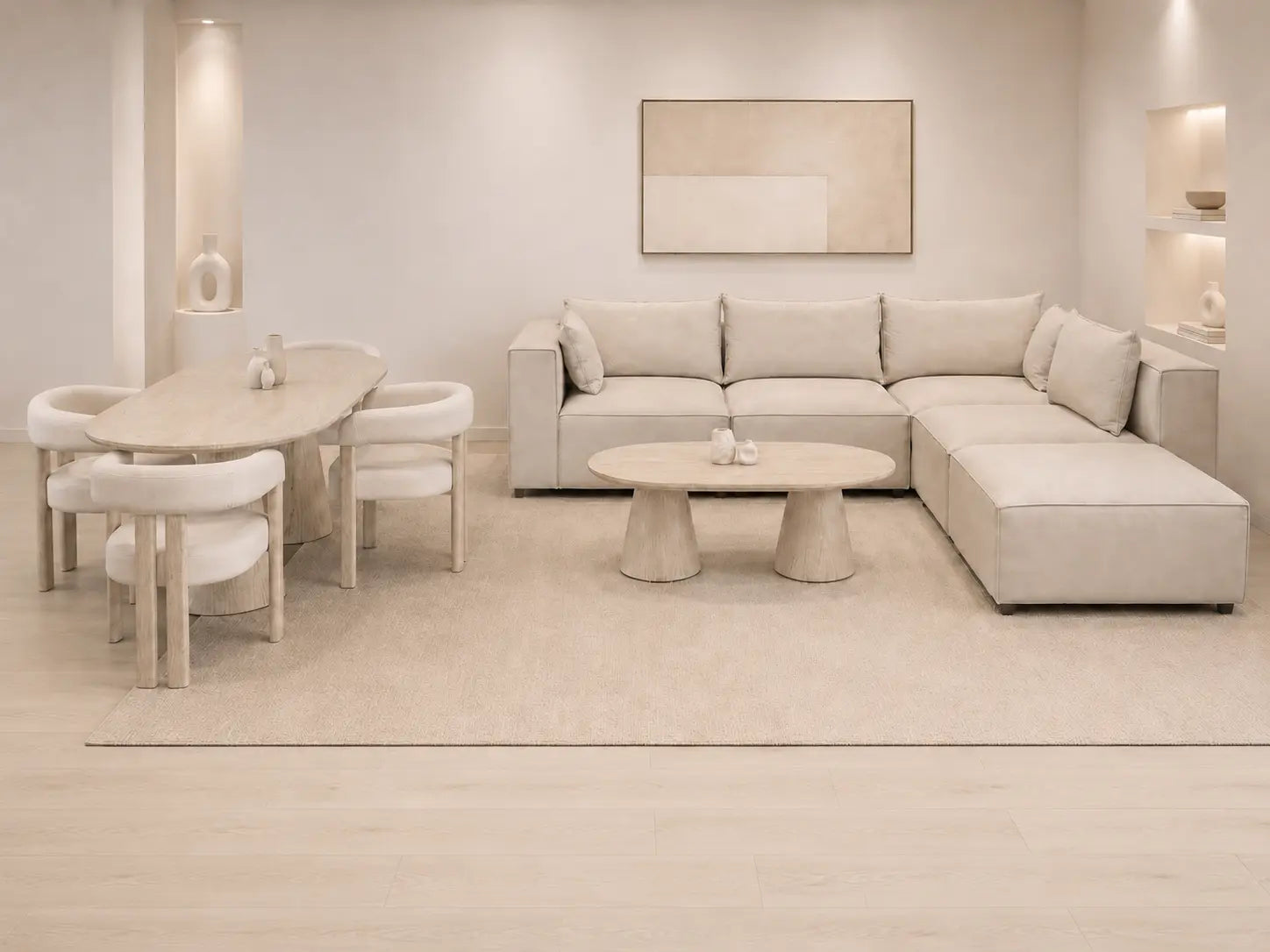 Pack Salon Complet – Canapé Iconic 4+1 velours beige + Table basse Yuna + Table à manger Yuna céramique beige + 4 chaises Lizéa velours beige  Rêve de Chic