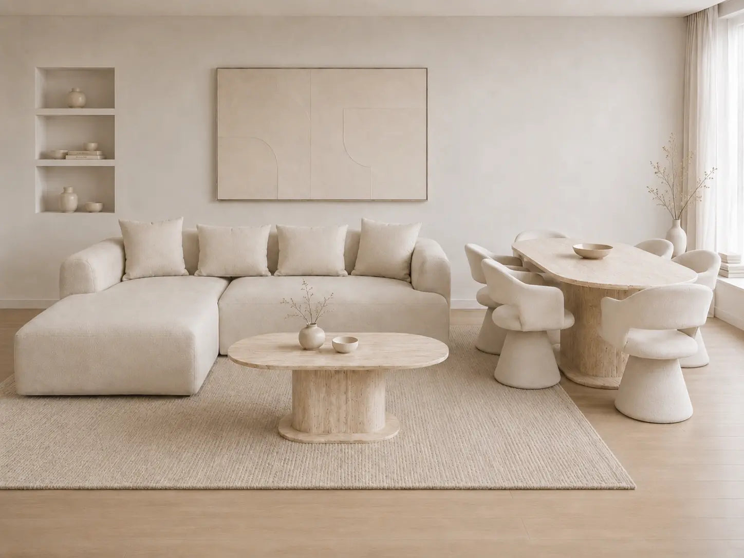 Pack Salon Complet – Canapé Idile velours beige + Table basse Orlane + Table à manger Orlane 180 cm + 6 chaises Soléa velours beige  Rêve de Chic