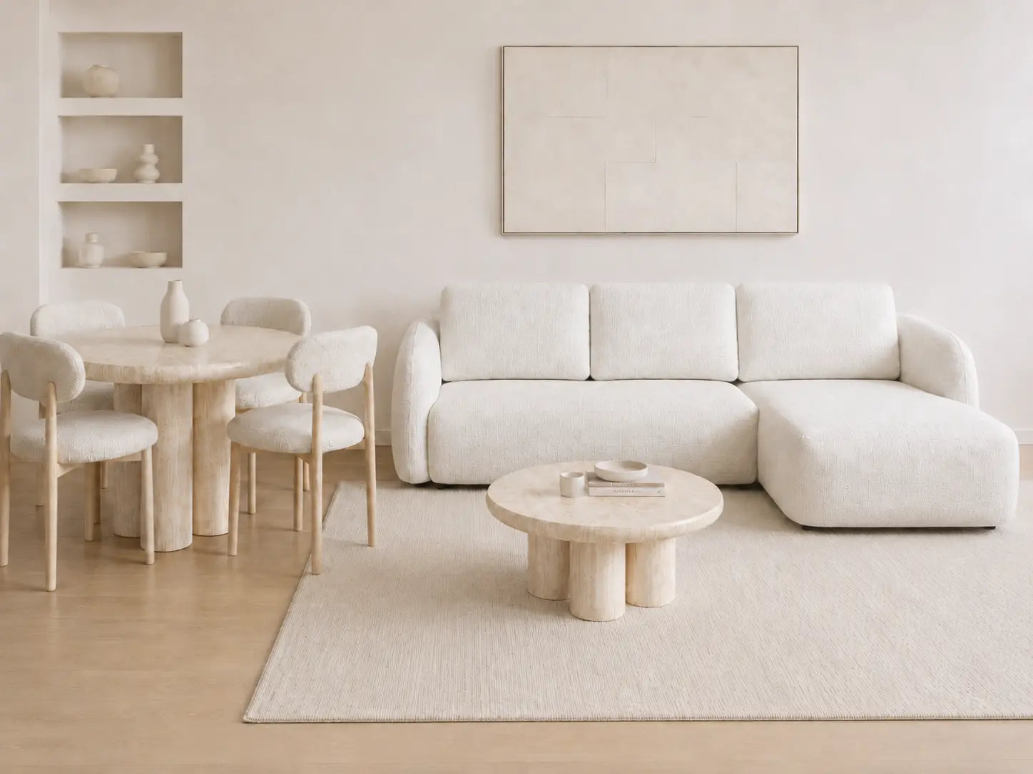 Pack Salon Complet – Canapé Milano chenille blanc cassé + Table basse Aldo + Table à manger Aldo + 4 chaises Bosco velours beige  Rêve de Chic