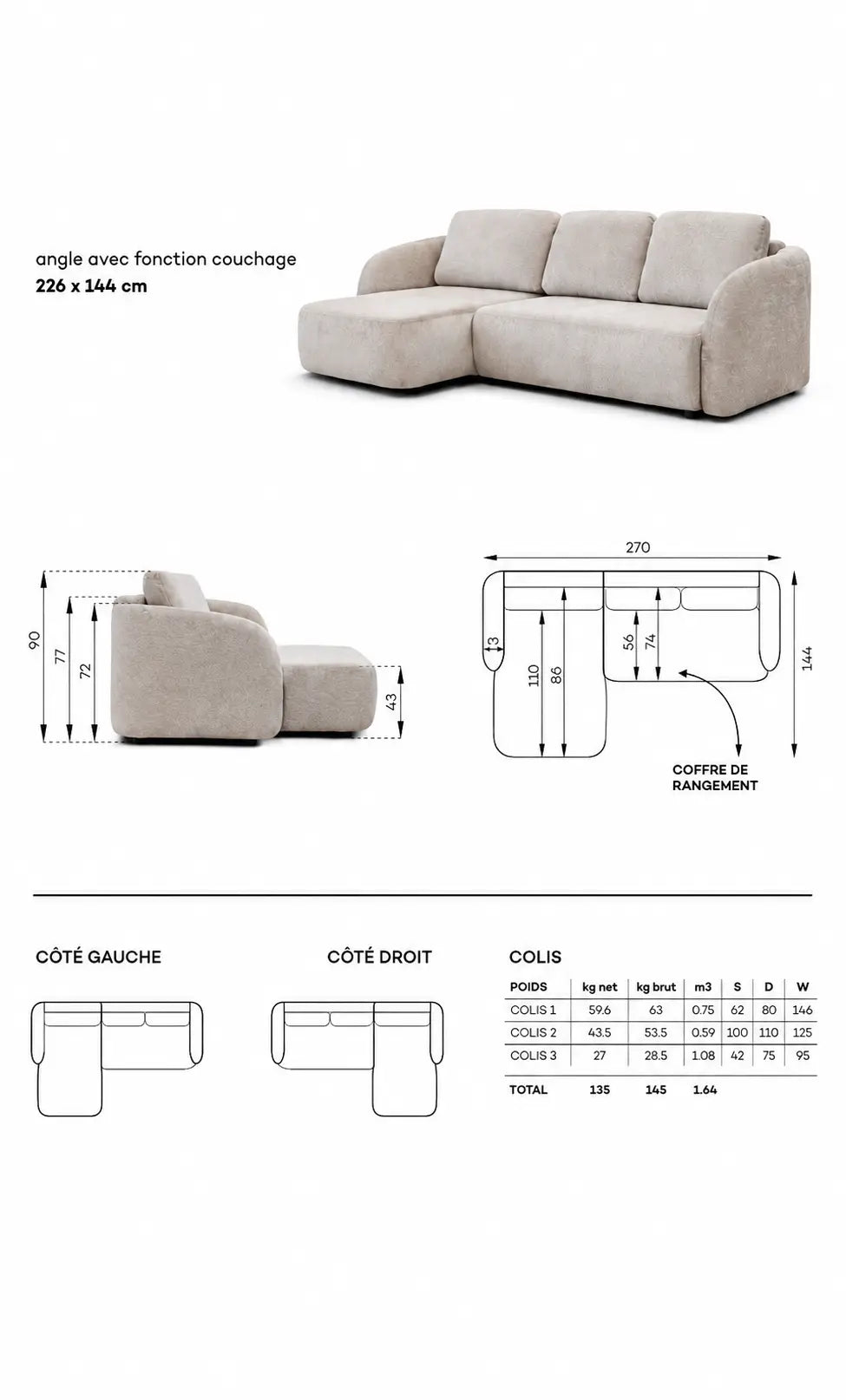 Pack Salon Complet – Canapé Milano chenille blanc cassé + Table basse Aldo + Table à manger Aldo + 4 chaises Bosco velours beige  Rêve de Chic