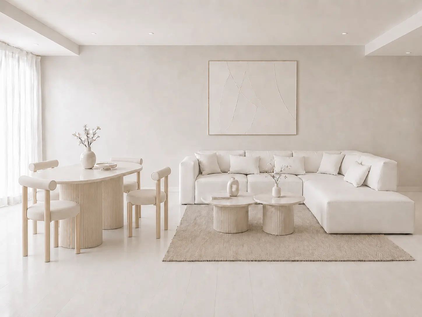 Pack Salon Complet – Canapé Odyssée velours blanc cassé + Tables basses Saris + Table à manger Iris + 4 chaises Soltis  Rêve de Chic