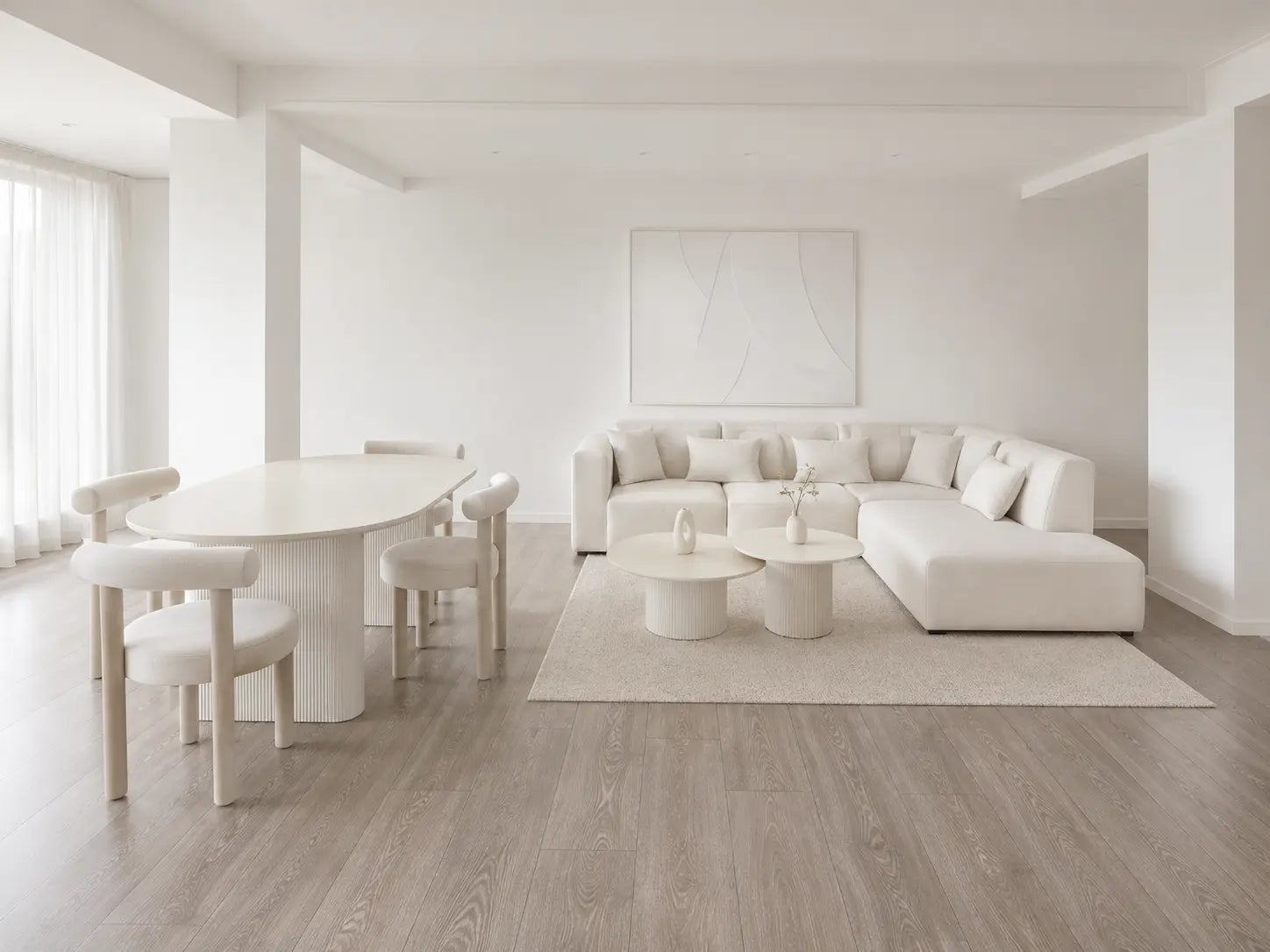 Pack Salon Complet – Canapé Odyssée velours blanc cassé + Tables basses Saris + Table à manger Iris + 6 chaises Soltis  Rêve de Chic