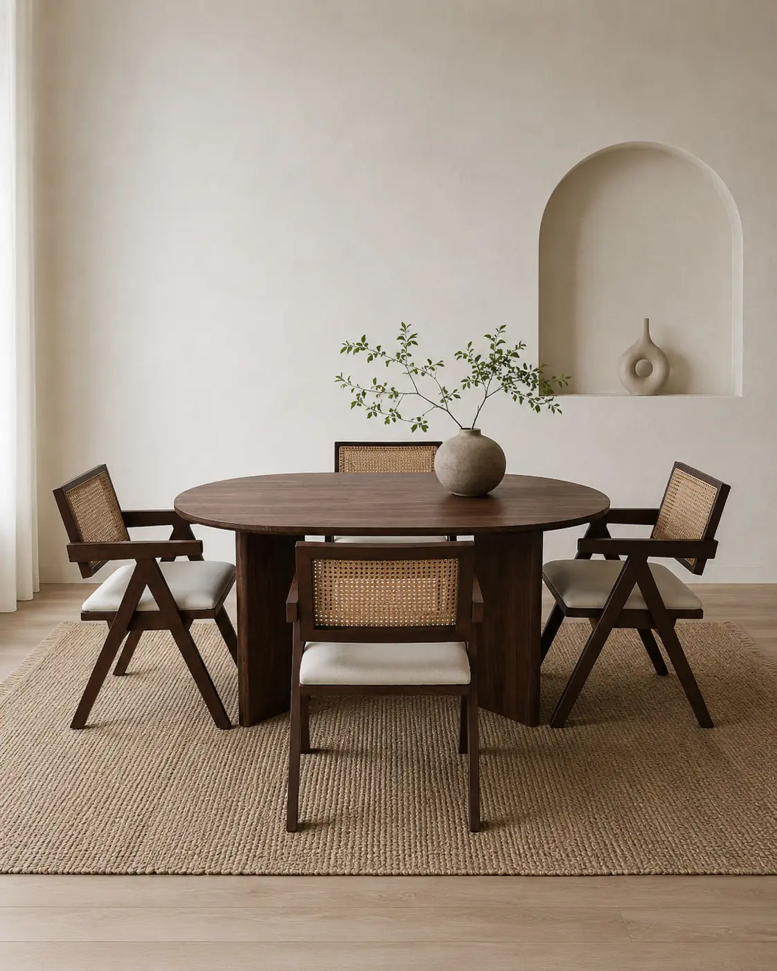 Pack Tayga + Oana – Table à manger 150 cm marron effet bois noyer + 4 chaises bois d'hévéa  Rêve de Chic