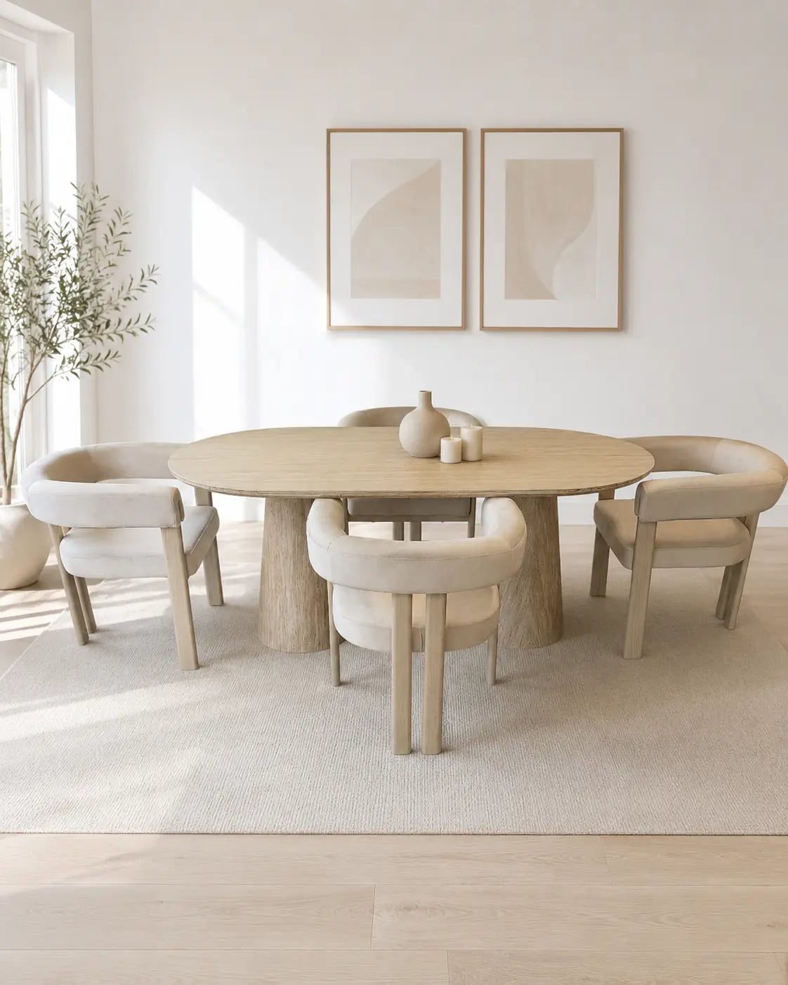 Pack Yuna + Lizéa – Table à manger ovale céramique beige effet travertin + 4 chaises velours beige  Rêve de Chic