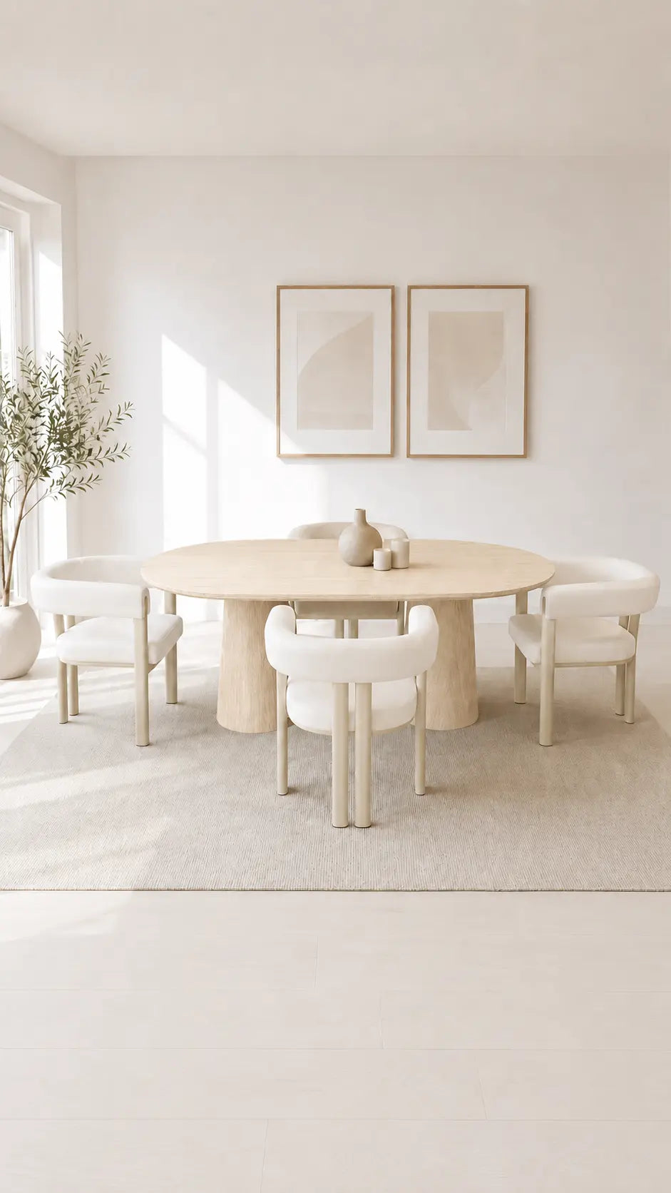 Pack Yuna + Lizéa – Table à manger ovale céramique beige effet travertin + 4 chaises velours beige  Rêve de Chic