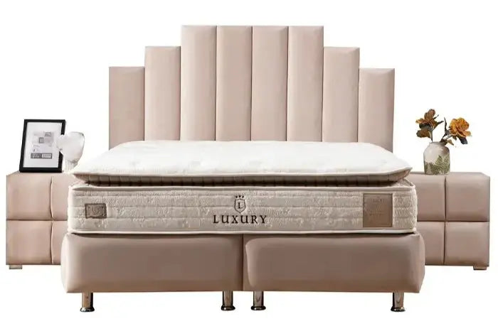 SYMPHONIE- Lit Coffre avec tête de lit et rangement - Velours Beige