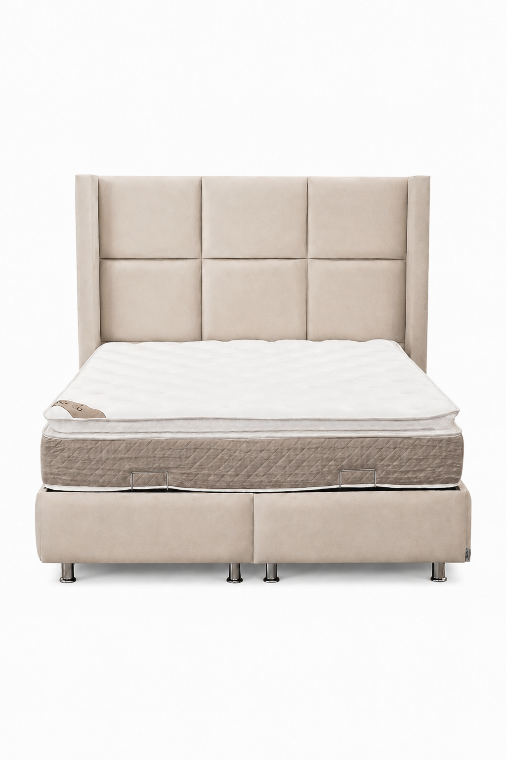 Pack Complet – Canapé Idile velours beige + Table basse Orlane + Table à manger Orlane + 6 chaises Soléa + Lit coffre Dune + Matelas Exclusive 160x200