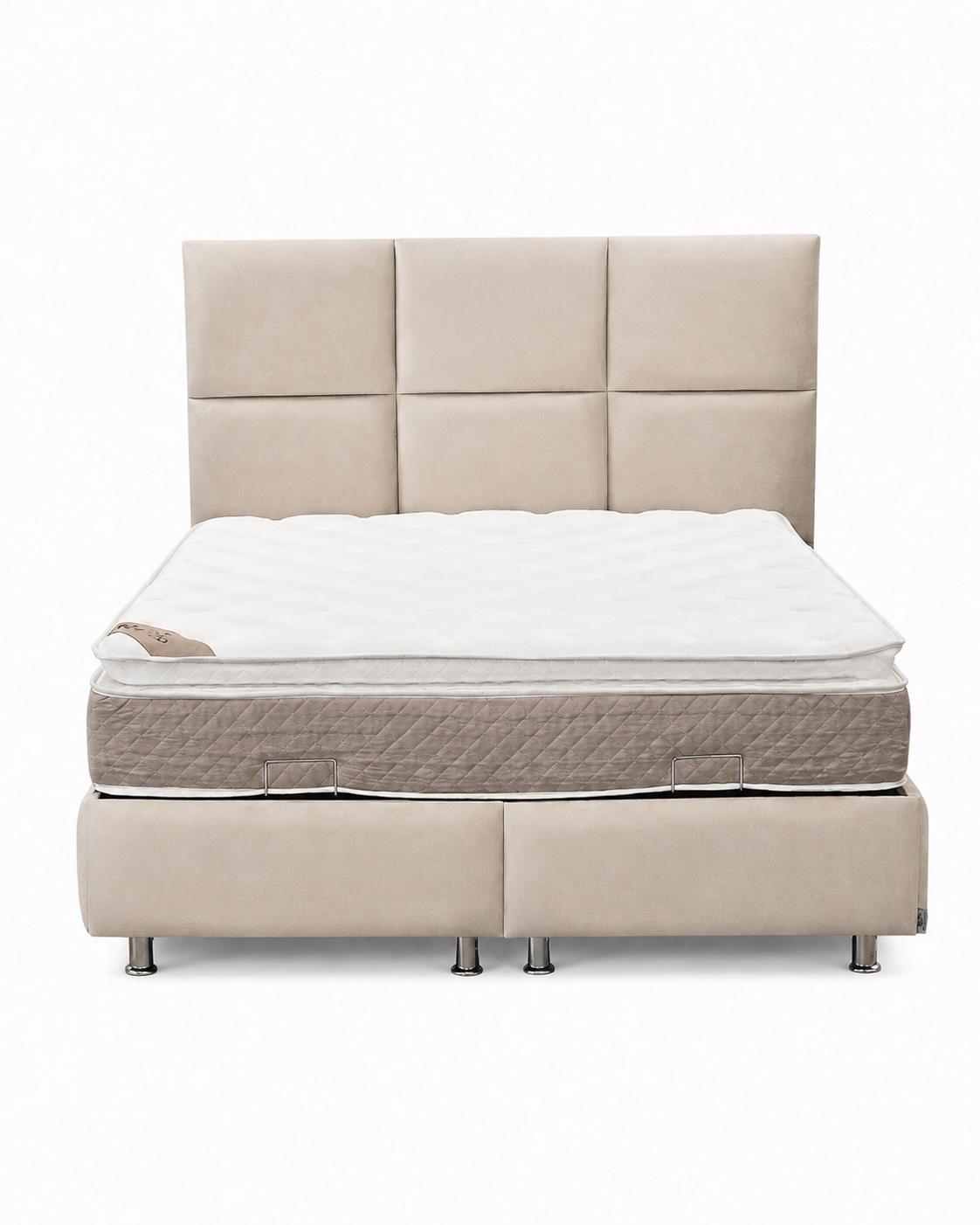 Pack Complet – Canapé Idile velours beige + Table basse Orlane + Table à manger Orlane + 6 chaises Soléa + Lit coffre Dune + Matelas Exclusive 160x200