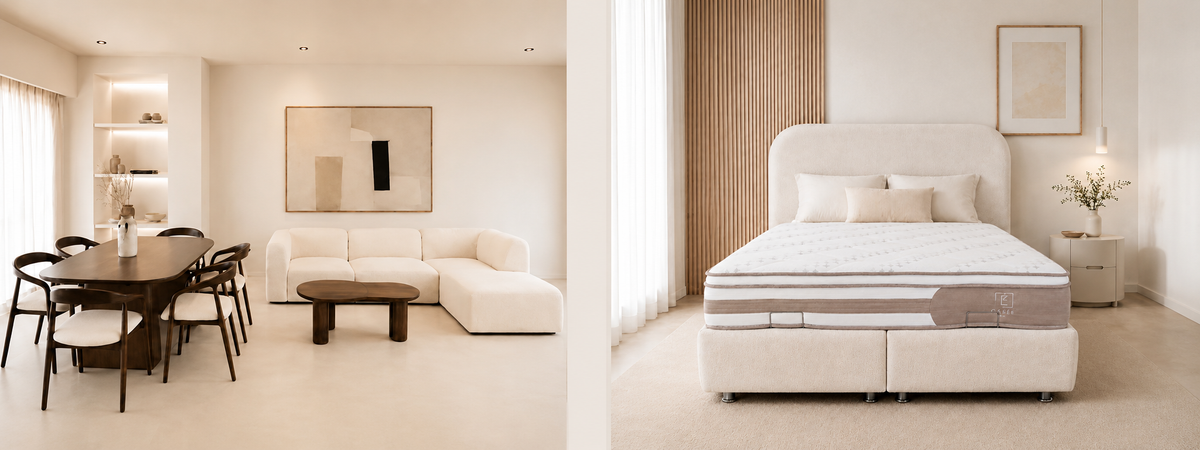 Pack Complet – Canapé Aalyiah chenille beige + Table basse Nelya + Table à manger Havana + 6 chaises Evora + Lit coffre Cocon + Matelas Rivoli 160x200