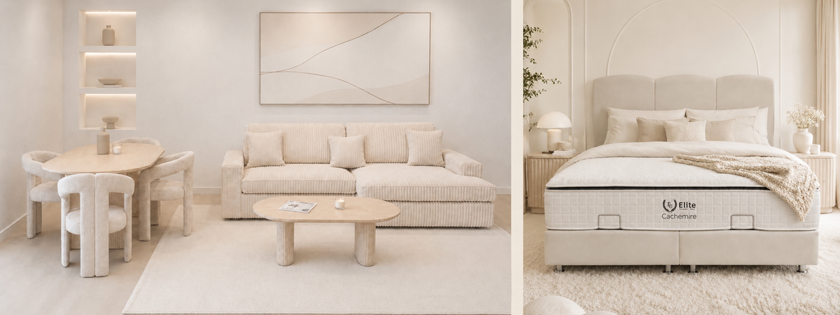 Pack Complet – Canapé Alaïa velours côtelé beige + Table basse Ilia + Table à manger Ilia céramique + 4 chaises Kaya + Lit coffre Songe + Matelas Elite Cachemire 160x200