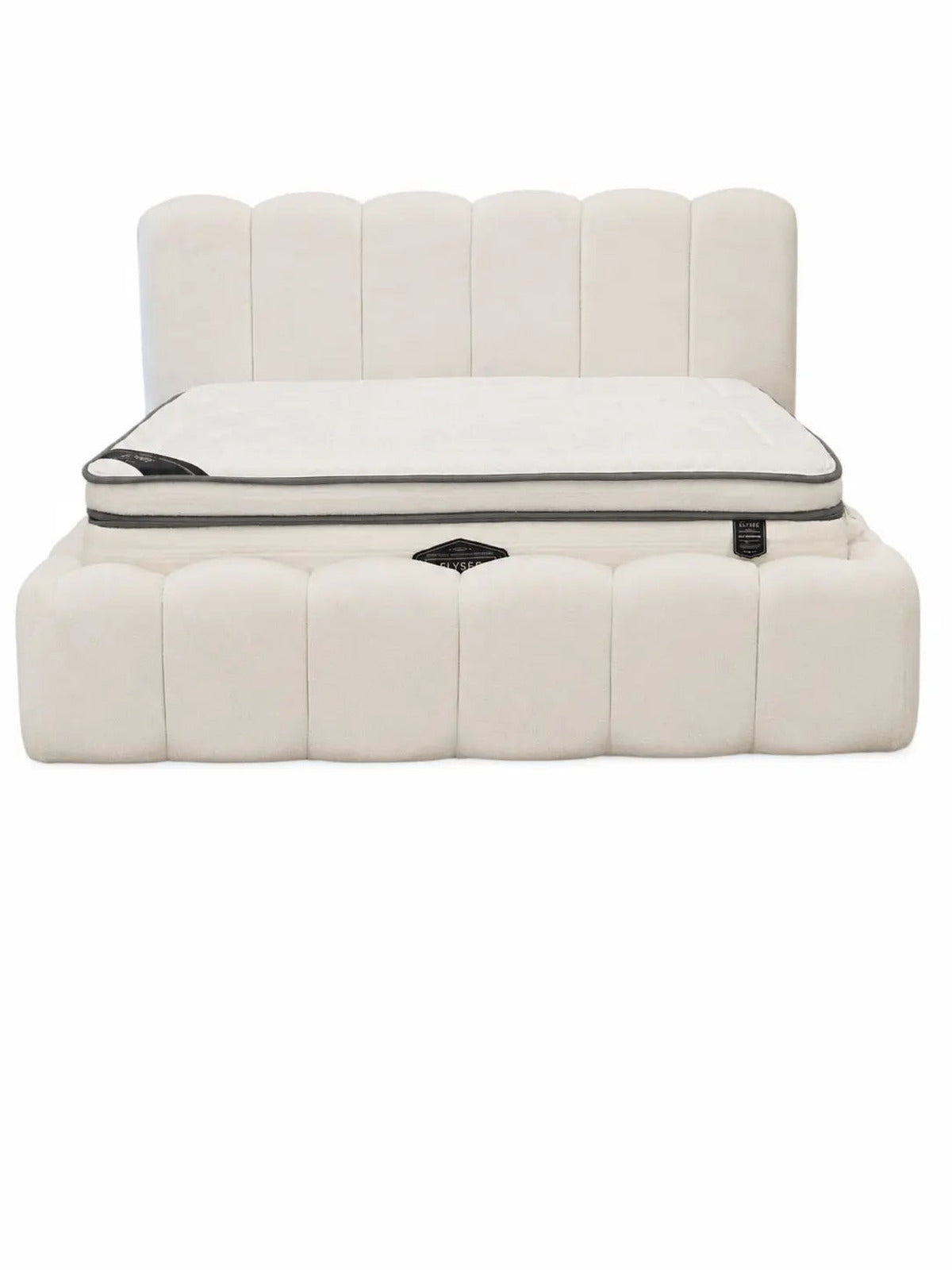 Pack Complet – Canapé Aura chenille beige + Table basse Tayga + Table à manger Tayga + 4 chaises Oana + Lit coffre Nuage + Matelas Concorde 160x200