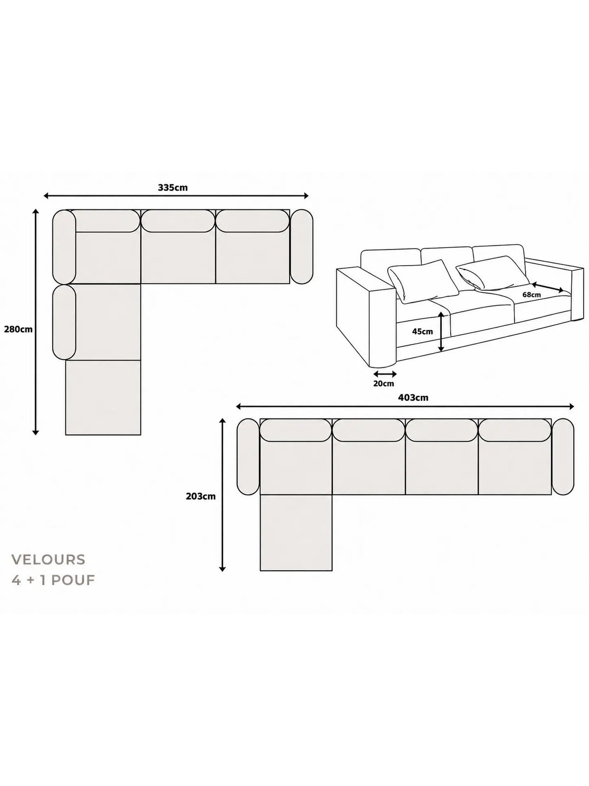 Pack Complet – Canapé Iconic 4+Pouf velours beige + Table basse Yuna + Table à manger Yuna céramique beige + 6 chaises Lizéa + Lit coffre Dune + Matelas Exclusive 160x200