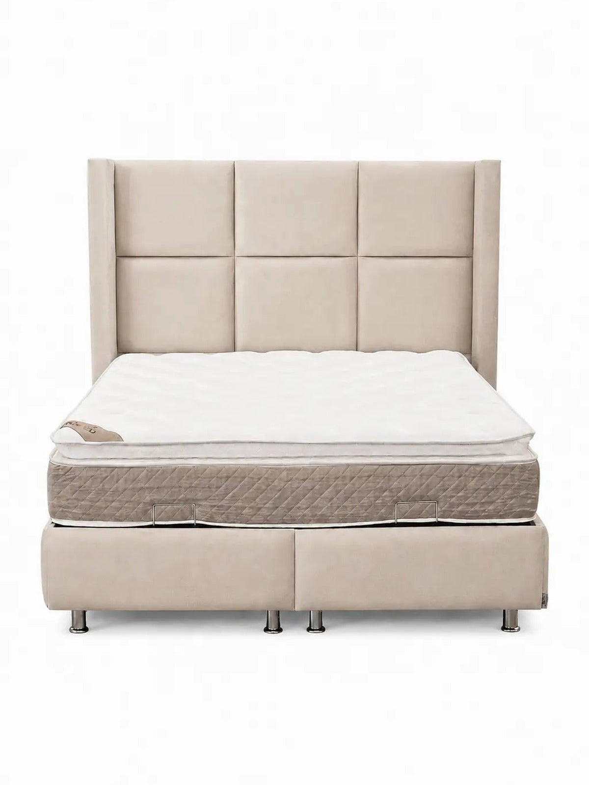 Pack Complet – Canapé Iconic 4+Pouf velours beige + Table basse Yuna + Table à manger Yuna céramique beige + 6 chaises Lizéa + Lit coffre Dune + Matelas Exclusive 160x200