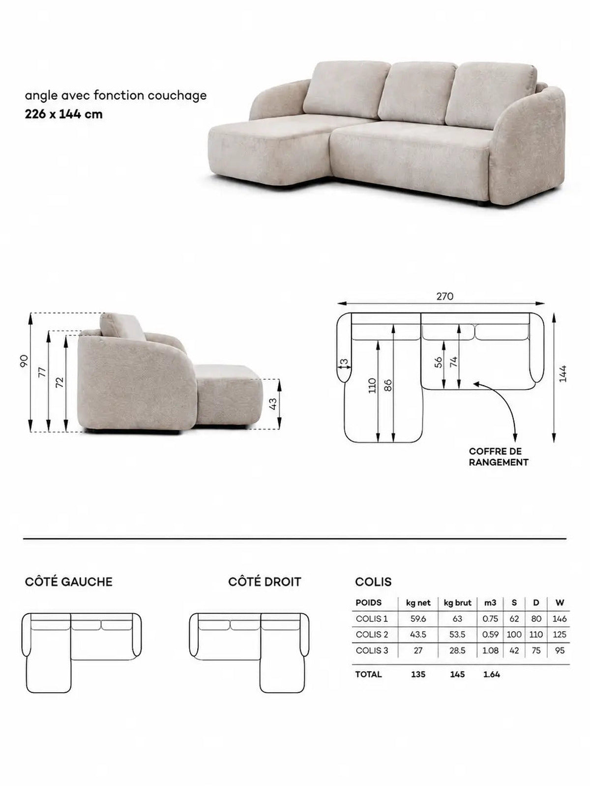 Pack Complet – Canapé Milano chenille blanc cassé + Table basse Aldo + Table à manger Aldo + 4 chaises Bosco + Lit coffre Plume + Matelas Elite Cachemire 160x200