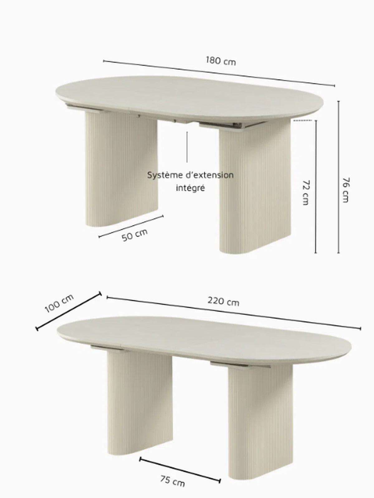 Pack Iris + Saris – Table à manger extensible + Tables basses beige crème