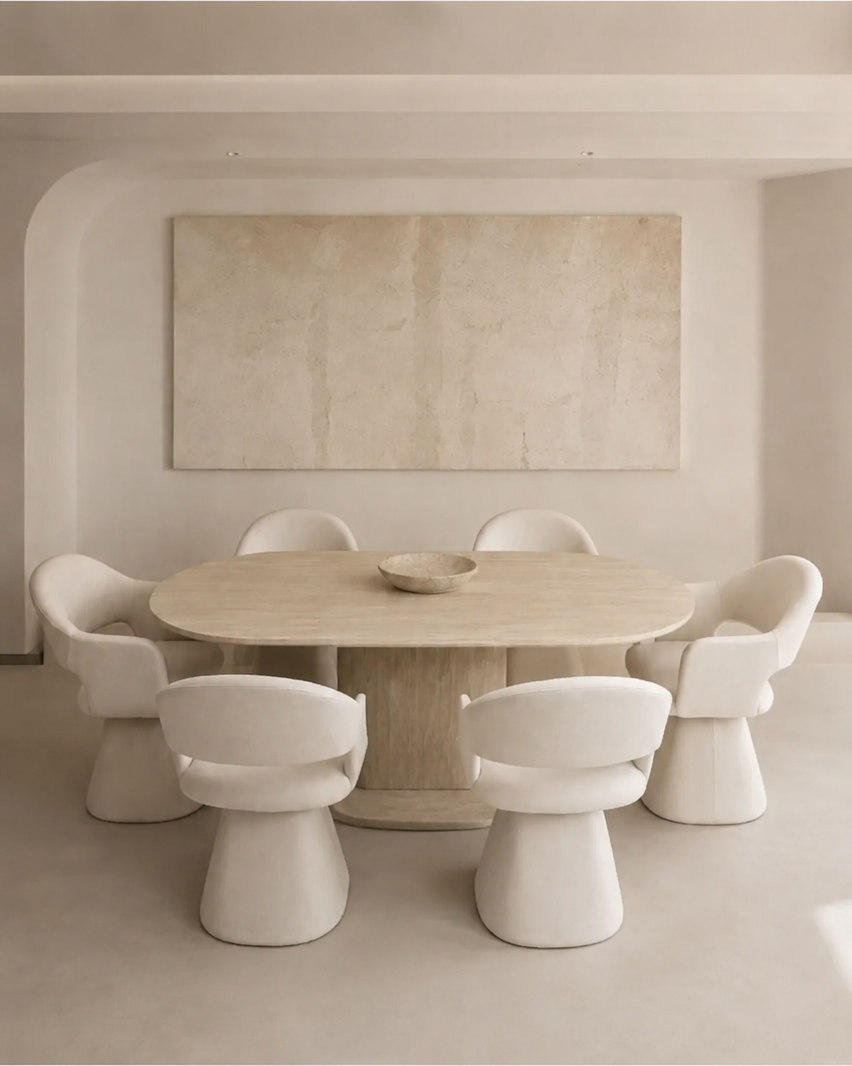 Pack Orlane + Soléa – Table à manger ovale beige effet travertin + 6 chaises velours beige